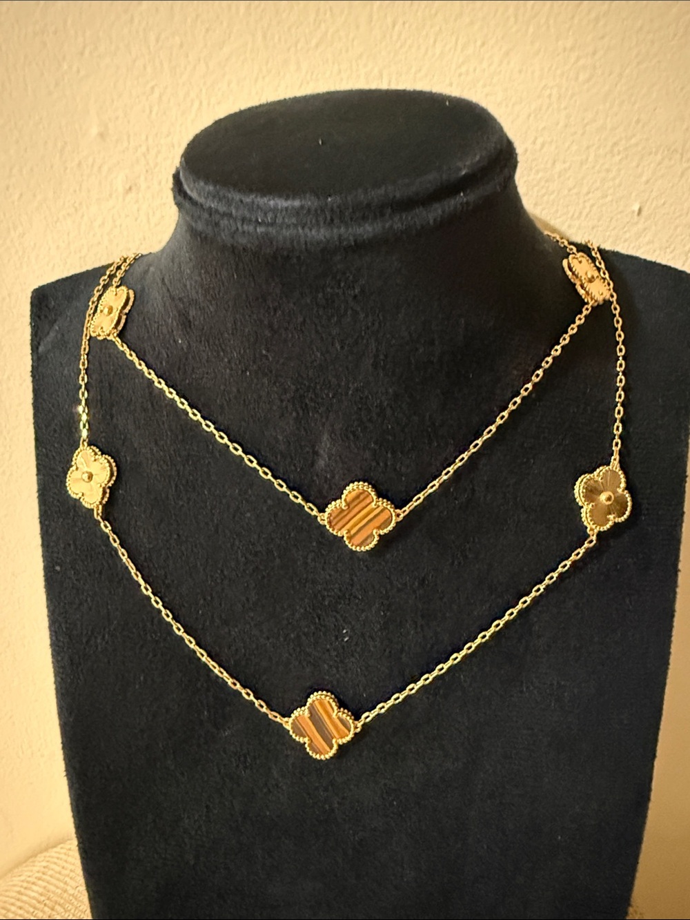 Gold Double -Layer Or Single Clover Necklace with Brown Accent Stones